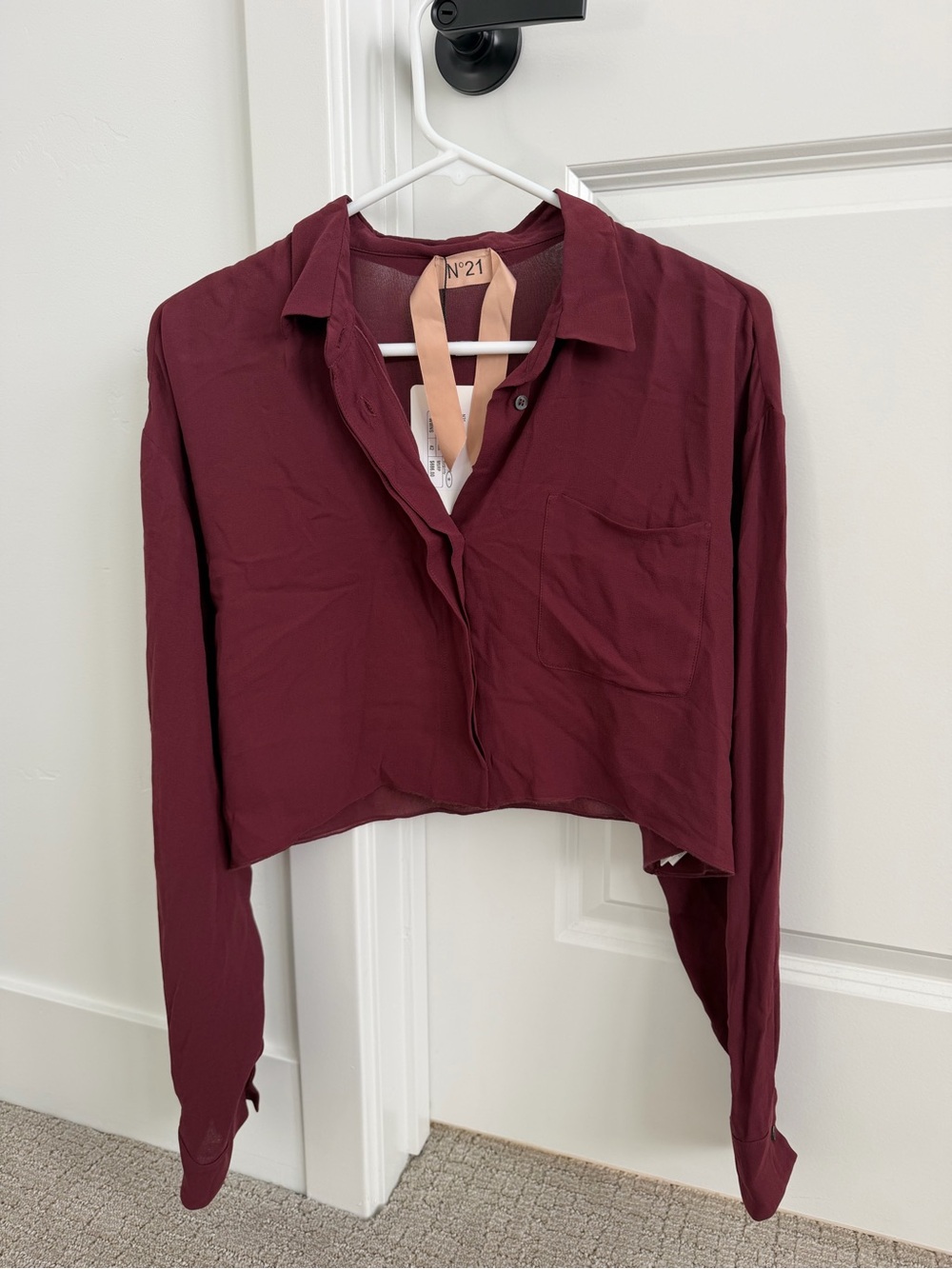 N21 Womens Burgundy Cropped Button-Down Shirt